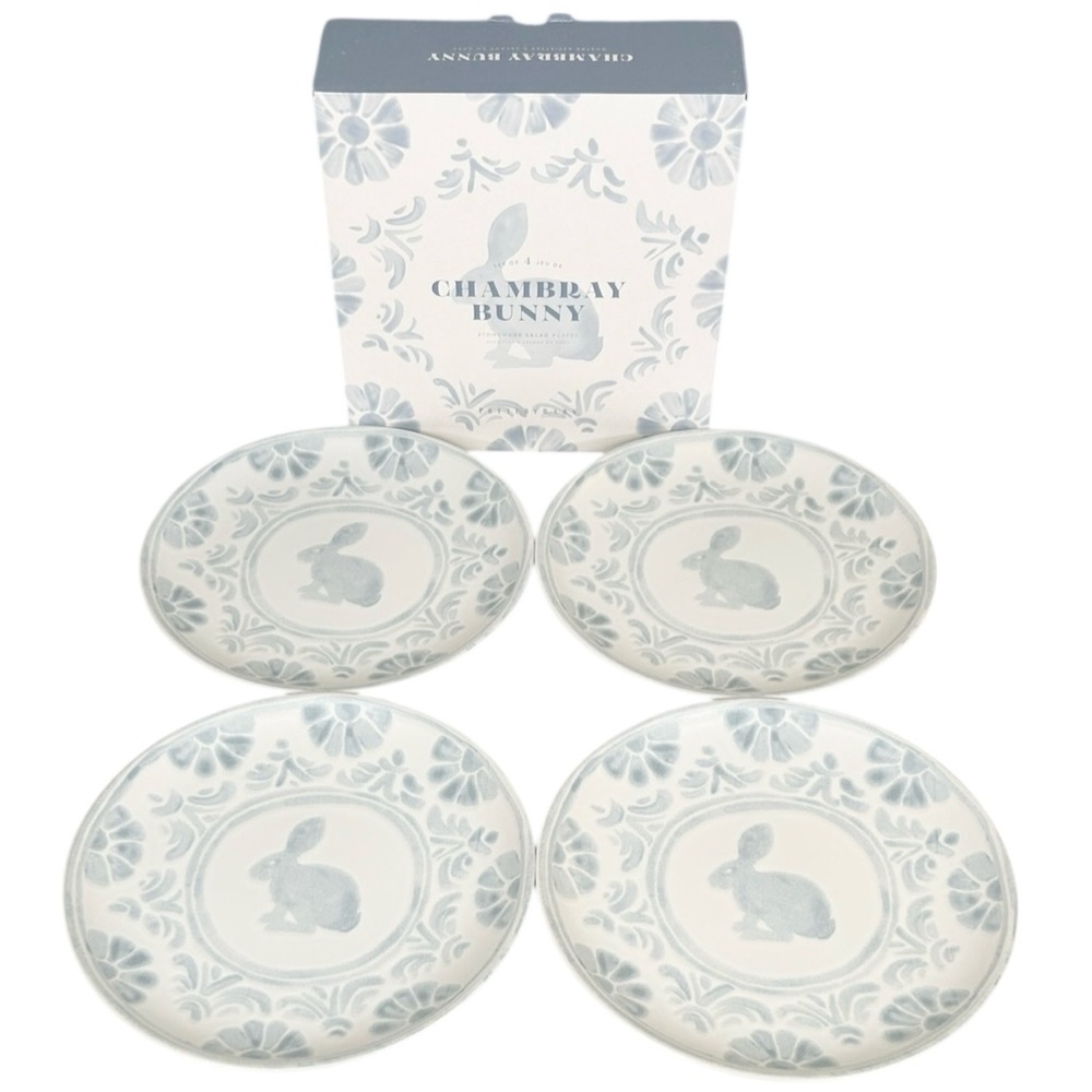Pottery Barn Chambray Tile Bunny Salad Plates 9 1/4” Set of 4 New in Box!